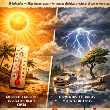 CALOR PERSISTE Y SE PREVÉN LLUVIAS CON TORMENTAS ELÉCTRICAS ESTE MARTES EN EL SALVADOR