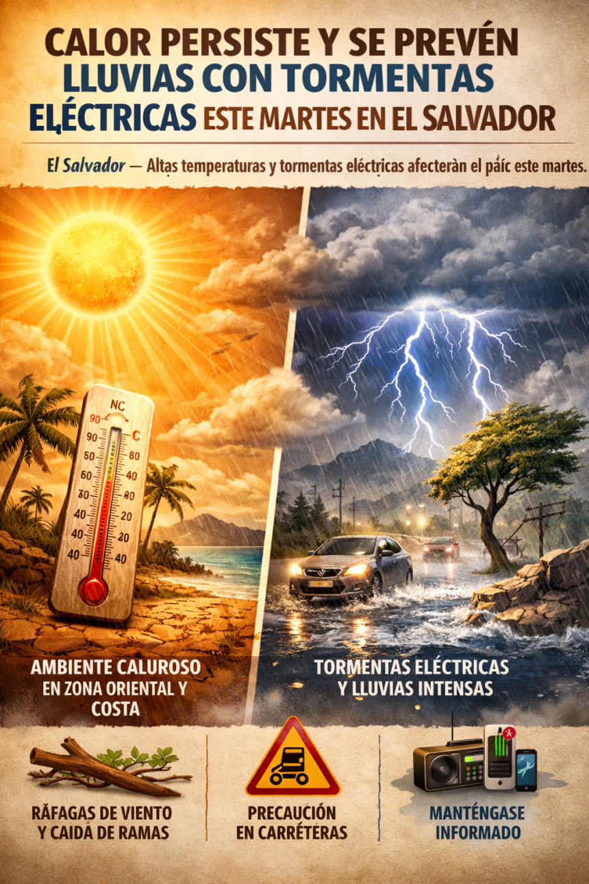 CALOR PERSISTE Y SE PREVÉN LLUVIAS CON TORMENTAS ELÉCTRICAS ESTE MARTES EN EL SALVADOR