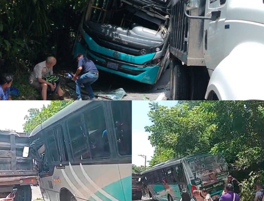 bus 1 BUS DE LA RUTA 202 COLISIONA CONTRA VOLQUETA EN CARRETERA DE SANTA ANA A SAN SALVADOR